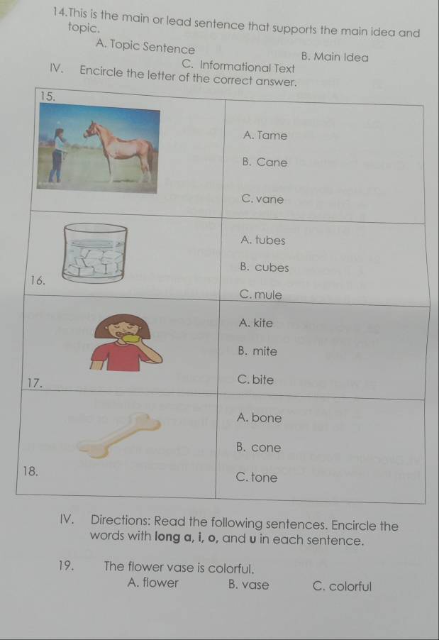 This is the main or lead sentence that supports the main idea and
topic.
A. Topic Sentence B. Main Idea
C. Informational Text
IV. Encircle the letter of the cor
1
IV. Directions: Read the following sentences. Encircle the
words with long a, i, o, and u in each sentence.
19. The flower vase is colorful.
A. flower B. vase C. colorful