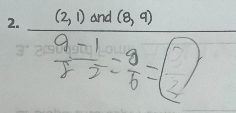 (2,1) and (8,9)
_  (9-1)/8-2 = 9/6 =boxed 2