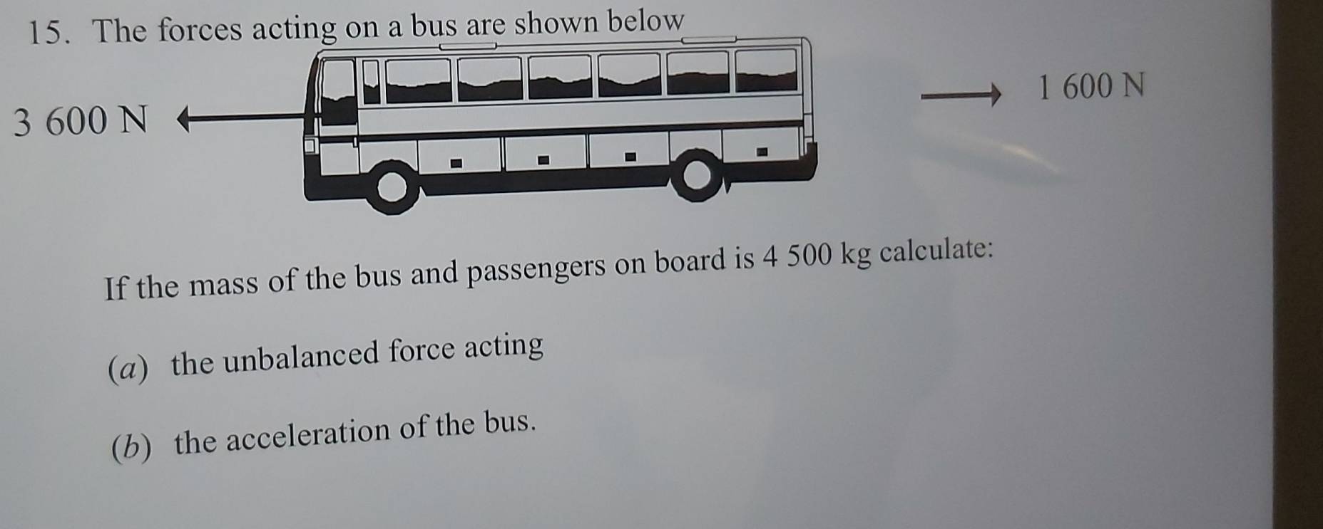 The forces acting on a bus are shown below
1 600 N
3 
If the mass of the bus and passengers on board is 4 500 kg calculate: 
(a) the unbalanced force acting 
(b) the acceleration of the bus.