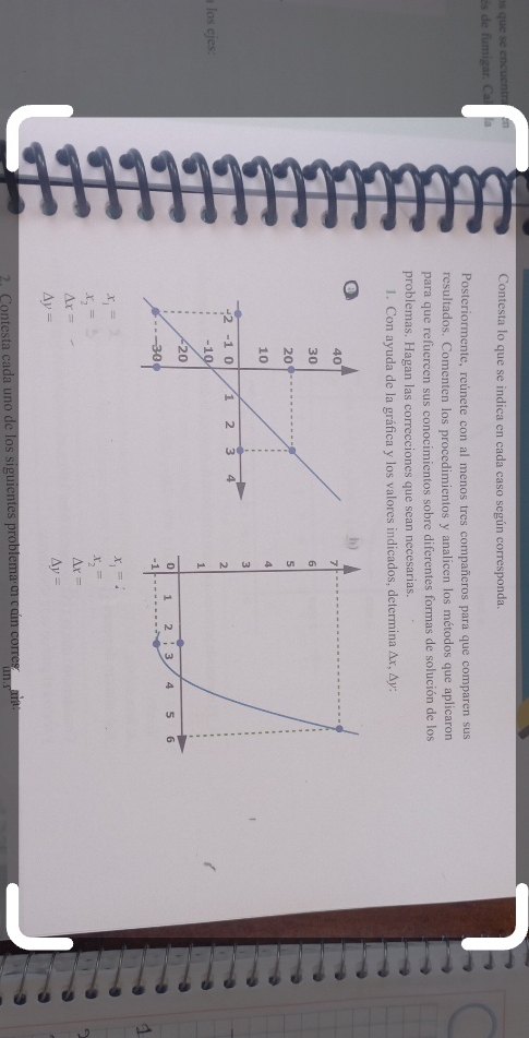 ue e encuentr Contesta lo que se indica en cada caso según corresponda. 
és de fumigar. Cal 
Posteriormente, reúnete con al menos tres compañeros para que comparen sus 
resultados. Comenten los procedimientos y analicen los métodos que aplicaron 
para que refuercen sus conocimientos sobre diferentes formas de solución de los 
problemas. Hagan las correcciones que sean necesarias. 
1. Con ayuda de la gráfica y los valores indicados, determina Δx, Δy : 
b)
7
6
5
4
3
2
los ejes:
1
0 1 2 3 4 5 6
-1
x_1=
x_1=
x_2=
x_2=
△ x=
△ x=
△ y=
△ y=
2. Contesta cada uno de los siguientes problema d cu n corres añ