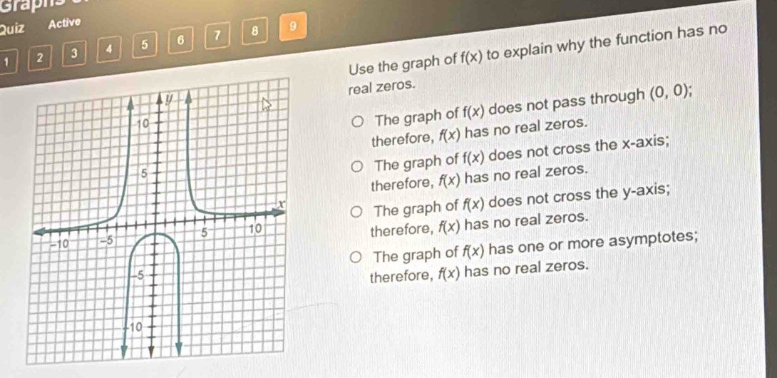 Graphs
Quiz Active
1 2 3 4 5 6 7 8
9
Use the graph of f(x) to explain why the function has no
real zeros.
The graph of f(x) does not pass through (0,0) a 
therefore, f(x) has no real zeros.
The graph of f(x) does not cross the x-axis;
therefore, f(x) has no real zeros.
The graph of f(x) does not cross the y-axis;
therefore, f(x) has no real zeros.
The graph of f(x) has one or more asymptotes;
therefore, f(x) has no real zeros.