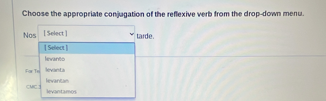 Choose the appropriate conjugation of the reflexive verb from the drop-down menu.
Nos [ Select ]
tarde.
[ Select ]
levanto
For Te levanta
levantan
CMC.3
levantamos