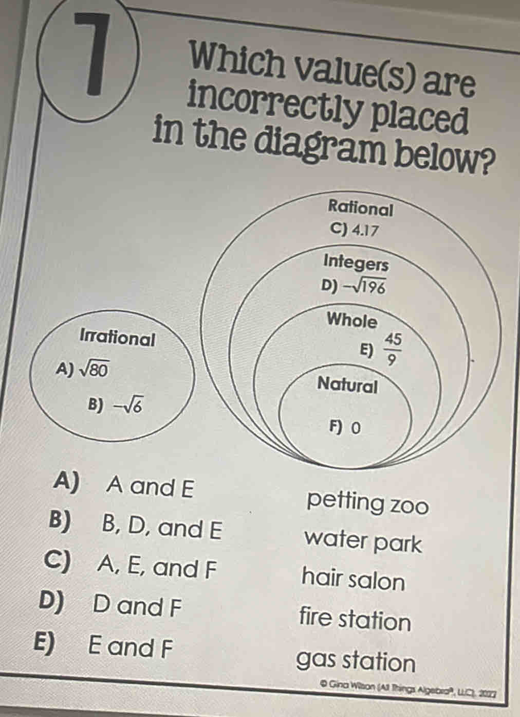 Which value(s) are
incorrectly placed
in the diagram below?
A) A and E petting zoo
B) B, D, and E water park
C) A, E, and F hair salon
D) D and F fire station
E) E and F gas station
@ Gina Wilson (All Things Algebra', LIC), 2002