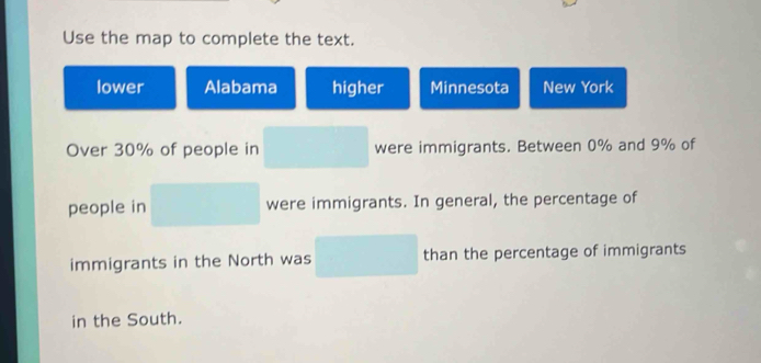 Use the map to complete the text.
lower Alabama higher Minnesota New York
Over 30% of people in were immigrants. Between 0% and 9% of
people in were immigrants. In general, the percentage of
immigrants in the North was than the percentage of immigrants
in the South.