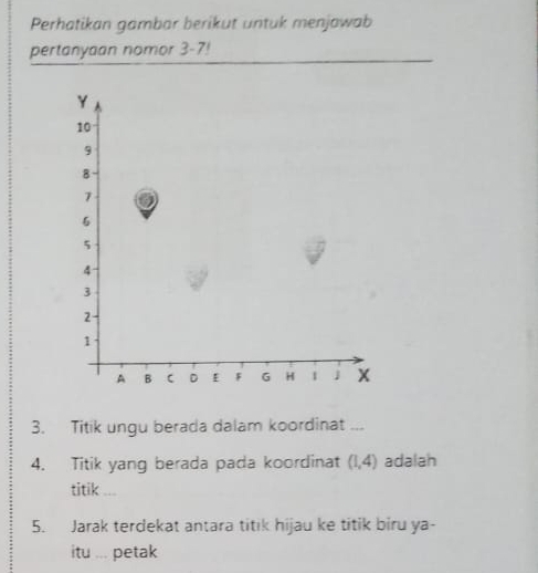 Perhatikan gambar berikut untuk menjawab 
pertanyaan nomor 3-7!
3. Titik ungu berada dalam koordinat ... 
4. Titik yang berada pada koordinat (1,4) adalah 
titik ... 
5. Jarak terdekat antara titik hijau ke titik biru ya- 
itu ... petak