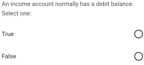 An income account normally has a debit balance.
Select one:
True
False