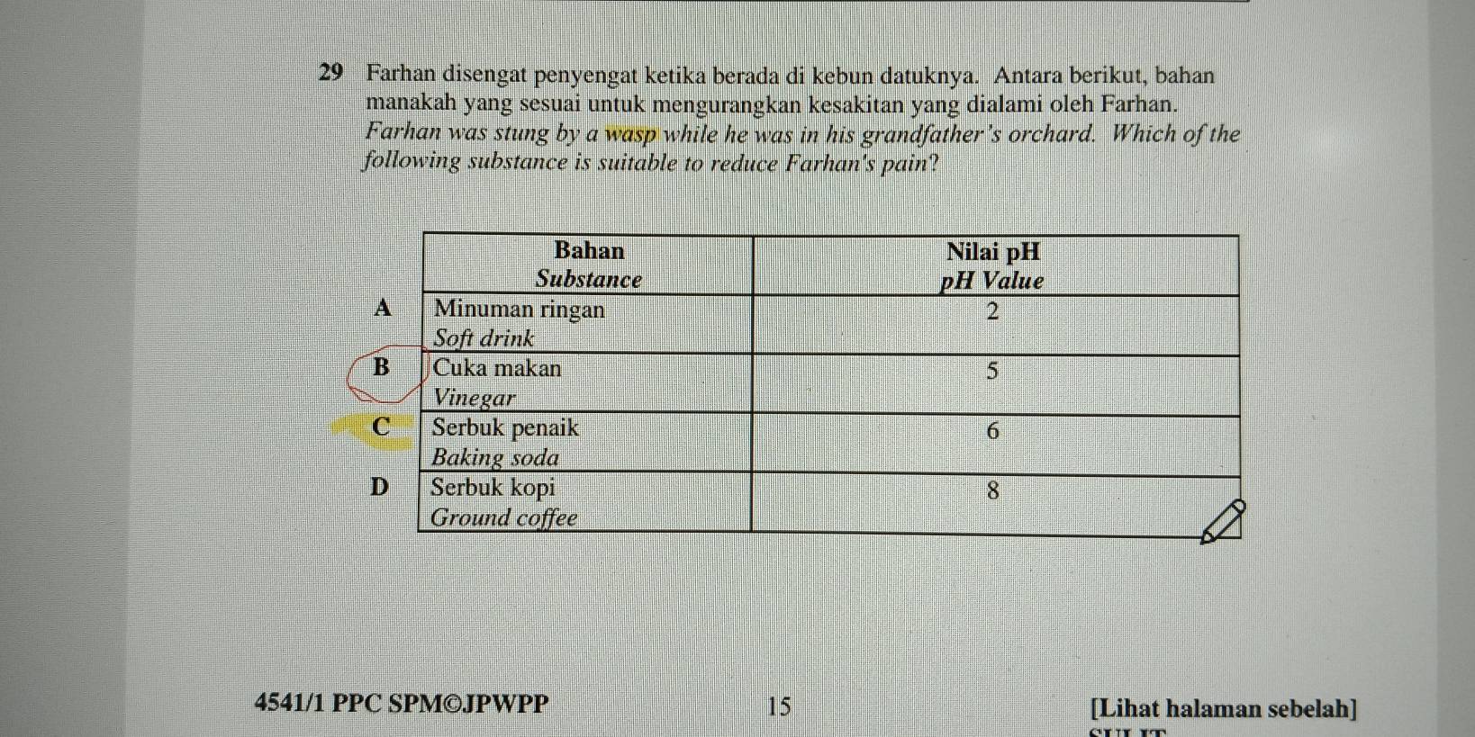 Farhan disengat penyengat ketika berada di kebun datuknya. Antara berikut, bahan 
manakah yang sesuai untuk mengurangkan kesakitan yang dialami oleh Farhan. 
Farhan was stung by a wasp while he was in his grandfather’s orchard. Which of the 
following substance is suitable to reduce Farhan's pain? 
4541/1 PPC SPM©JPWPP 15 [Lihat halaman sebelah]