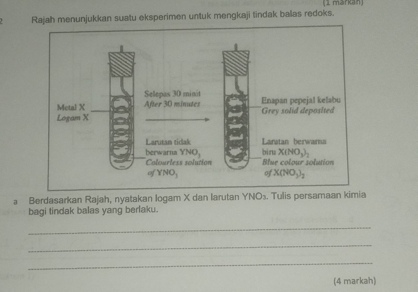 (1 markan)
Rajah menunjukkan suatu eksperimen untuk mengkaji tindak balas redoks.
a Berdasarkan Rajah, nyatakan Iogam X dan larutan YNO₃. Tulis persamaan kimia
bagi tindak balas yang berlaku.
_
_
_
(4 markah)