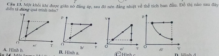 Một khối khí được giãn nở đẳng áp, sau đó nén đẳng nhiệt về thể tích ban đầu. Đồ thị nào sau đây
diễn tả đúng quá trình trên?
V
c/ T
A. Hình b. B. Hình a. C Hình c D Hình d