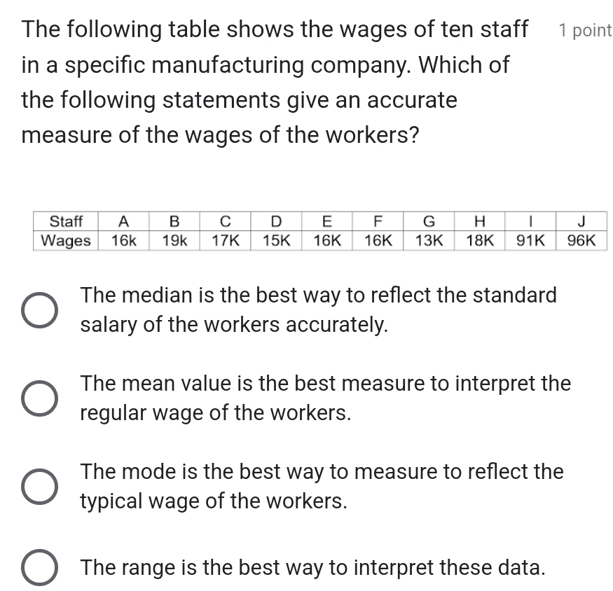 The following table shows the wages of ten staff 1 point
in a specific manufacturing company. Which of
the following statements give an accurate
measure of the wages of the workers?
The median is the best way to reflect the standard
salary of the workers accurately.
The mean value is the best measure to interpret the
regular wage of the workers.
The mode is the best way to measure to reflect the
typical wage of the workers.
The range is the best way to interpret these data.