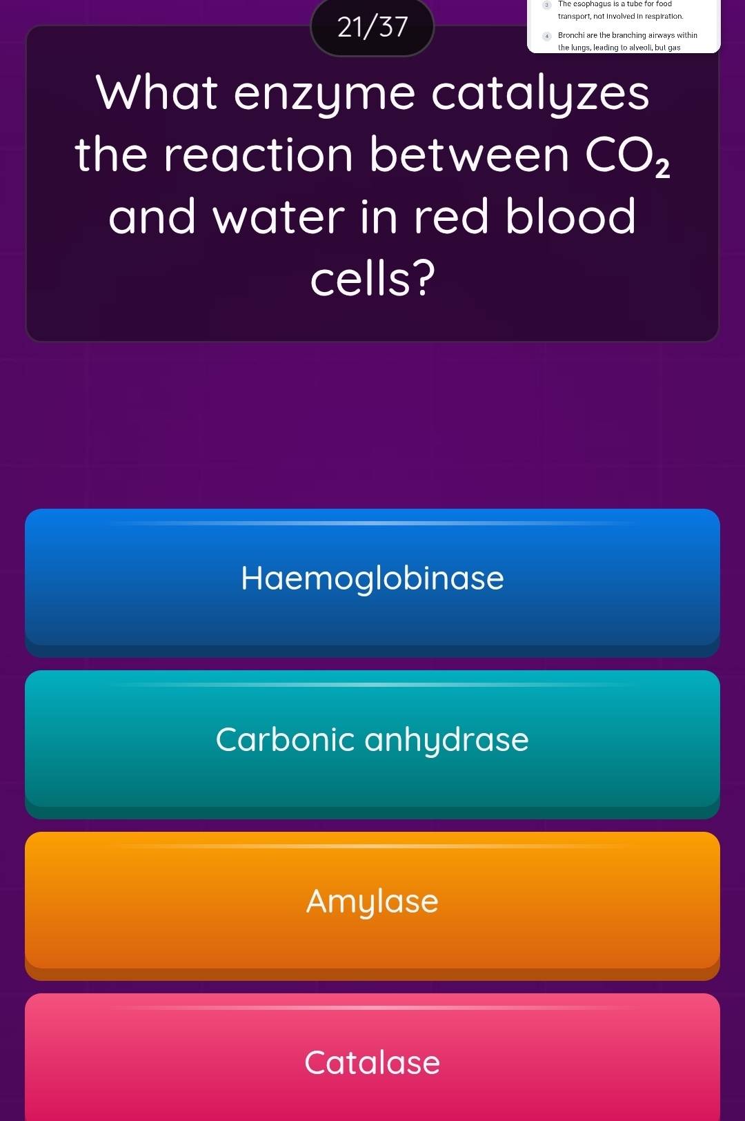 21/37
transport, not involved in respiration.
Bronchi are the branching airways within
the lungs, leading to alveoli, but gas
What enzyme catalyzes
the reaction between CO_2
and water in red blood 
cells?
Haemoglobinase
Carbonic anhydrase
Amylase
Catalase