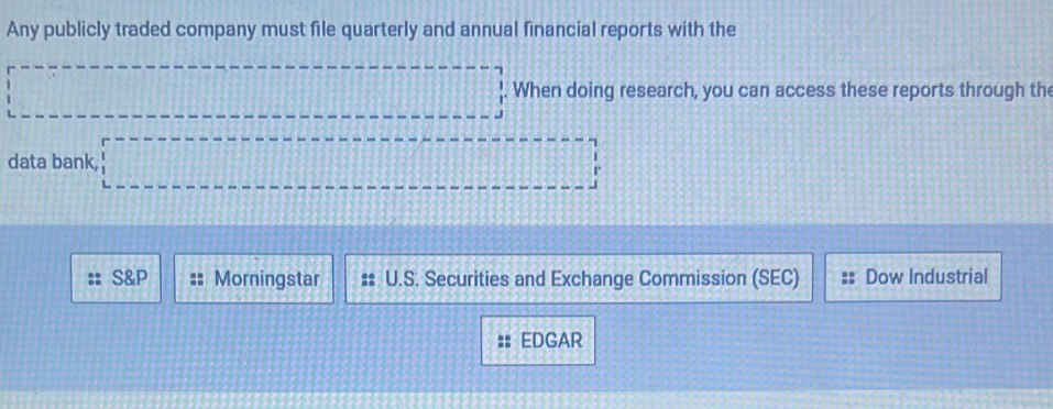 Any publicly traded company must file quarterly and annual financial reports with the 
_ =·s ·s ·s When doing research, you can access these reports through the 
data bank, □ 
S&P Morningstar U.S. Securities and Exchange Commission (SEC) Dow Industrial 
EDGAR