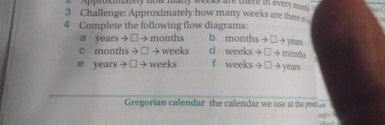 Approxmnately how maly weeks are there in every mon 
ius C 
3 Challenge: Approximately how many weeks are there in 
4 Complete the following flow diagrams: 
a years months b months → ロ → years
c months → weeks d weeks → □ → months
e years weeks f weeks → ロ → years
Gregorian calendar the calendar we use at the prese nt 
ago; fc