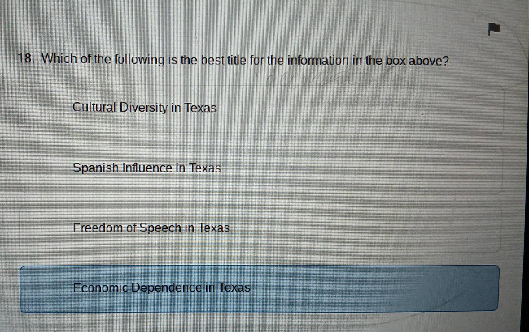 Which of the following is the best title for the information in the box above?
Cultural Diversity in Texas
Spanish Influence in Texas
Freedom of Speech in Texas
Economic Dependence in Texas