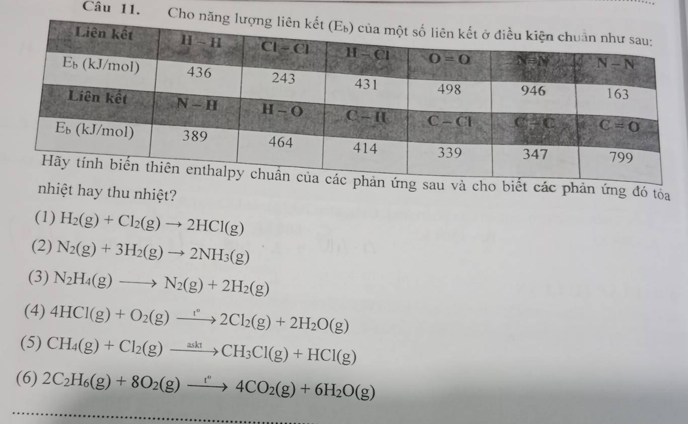 Cho
g sau và cho biết các phản ứng đó tóa
nhiệt hay thu nhiệt?
(1) H_2(g)+Cl_2(g)to 2HCl(g)
(2) N_2(g)+3H_2(g)to 2NH_3(g)
(3) N_2H_4(g)to N_2(g)+2H_2(g)
(4) 4HCl(g)+O_2(g)to 2Cl_2(g)+2H_2O(g)
(5) CH_4(g)+Cl_2(g)xrightarrow asktCH_3Cl(g)+HCl(g)
(6) 2C_2H_6(g)+8O_2(g)to 4CO4CO_2(g)+6H_2O(g)