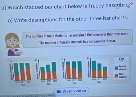 Solved: Which stacked bar chart below is Tracey describing? b) Write ...