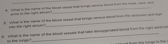 What is the name of the blood vessel that brings venous blood from the head, neck, and 
arms to the right atrium? 
5. What is the name of the blood vessel that brings venous blood from the abdomen and legs 
into the right atrium? 
6. What is the name of the blood vessels that take deoxygenated blood from the right ventricle 
to the lungs? 
nd from the lungs to the '