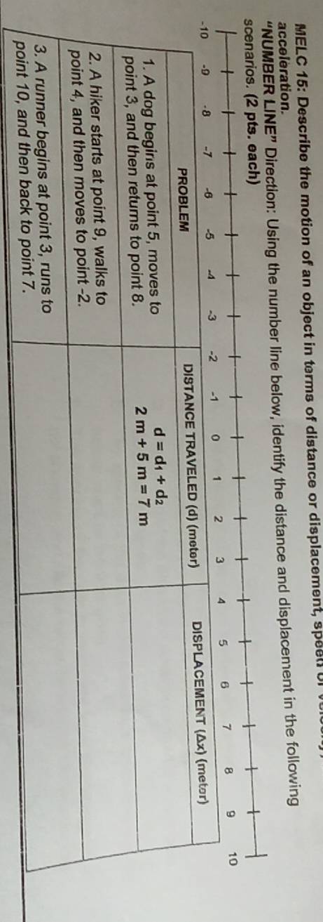 MELC 15: Describe the motion of an object in terms of distance or displacement, speel U 
acceleration.
“NUMBER I JA NE” Direction: Using the number line below, identify the distance and displacement in the following
scenarios. (2 pts. each)
2 3 4 5 6 7 8 9 10