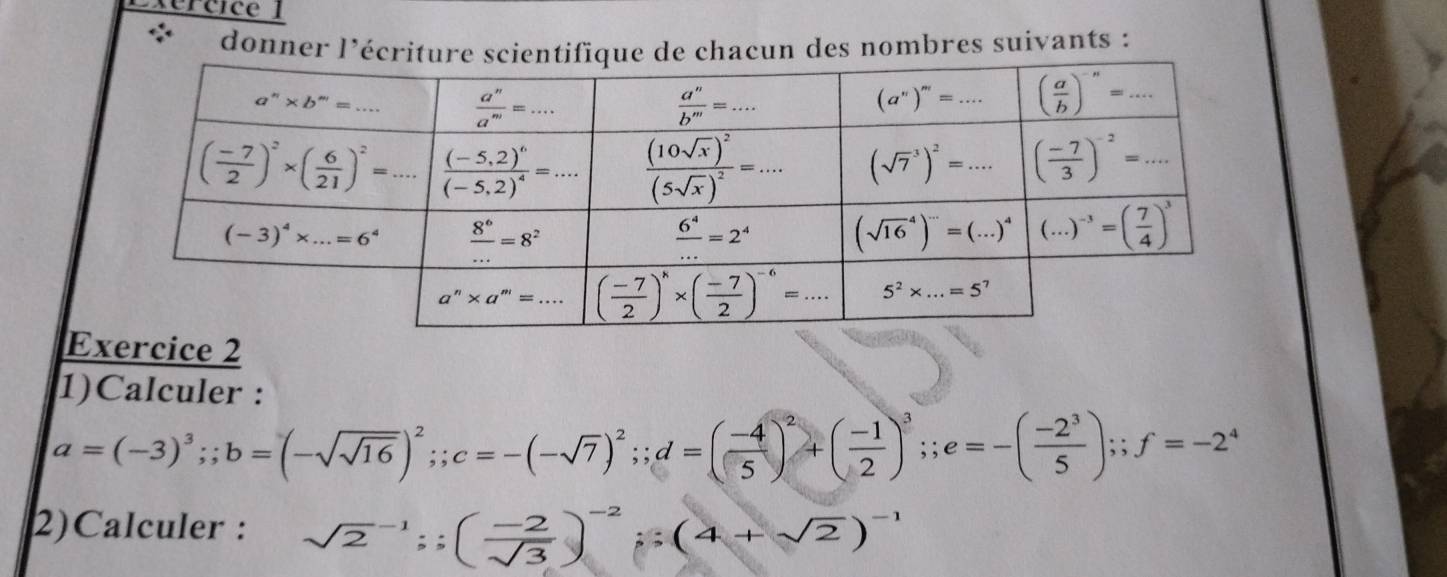 xércice  
donner l’écrithacun des nombres suivants :
Exercice 2
1)Calculer :
a=(-3)^3;;b=(-sqrt(sqrt 16))^2;;c=-(-sqrt(7))^2;;d=( (-4)/5 )^2+( (-1)/2 )^3;;e=-( (-2^3)/5 );f=-2^4
2)Calculer : sqrt 2^((-1);(frac -2)sqrt(3))^-2;(4+sqrt(2))^-1