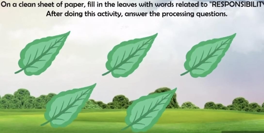 On a clean sheet of paper, fill in the leaves with words related to 'RESPONSIBILIT' 
After doing this activity, answer the processing questions.