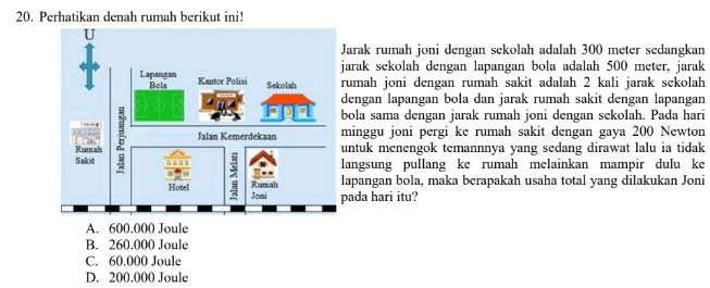 Perhatikan denah rumah berikut ini!
arak rumah joni dengan sekolah adalah 300 meter sedangkan
arak sekolah dengan lapangan bola adalah 500 meter, jarak
umah joni dengan rumah sakit adalah 2 kali jarak sekolah
engan lapangan bola dan jarak rumah sakit dengan lapangan
ola sama dengan jarak rumah joni dengan sekolah. Pada hari
inggu joni pergi ke rumah sakit dengan gaya 200 Newton
ntuk menengok temannnya yang sedang dirawat lalu ia tidak
angsung pullang ke rumah melainkan mampir dulu ke
apangan bola, maka berapakah usaha total yang dilakukan Joni
ada hari itu?
A. 600.000 Joule
B. 260.000 Joule
C. 60.000 Joule
D. 200.000 Joule