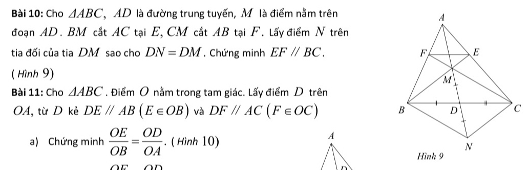 Cho △ ABC , AD là đường trung tuyến, M là điểm nằm trên 
đoạn AD. BM cắt AC tại E, CM cắt AB tại F. Lấy điểm N trên 
tia đối của tia DM sao cho DN=DM. Chứng minh EF//BC. 
( Hình 9) 
Bài 11: Cho △ ABC. Điểm O nằm trong tam giác. Lấy điểm D trên 
OA, từ D kẻ DE//AB(E∈ OB) và DF//AC(F∈ OC)
a) Chứng minh  OE/OB = OD/OA . ( Hình 10) 
∠