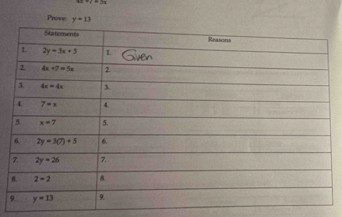 4x+7=5x
Prove: y=13
9