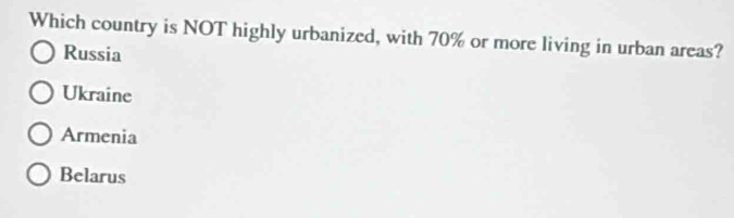 Which country is NOT highly urbanized, with 70% or more living in urban areas?
Russia
Ukraine
Armenia
Belarus