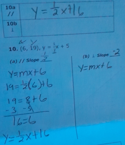 (6,19), y= 1/2 x+5
(a) // Slope_ (b) ⊥ Slope_