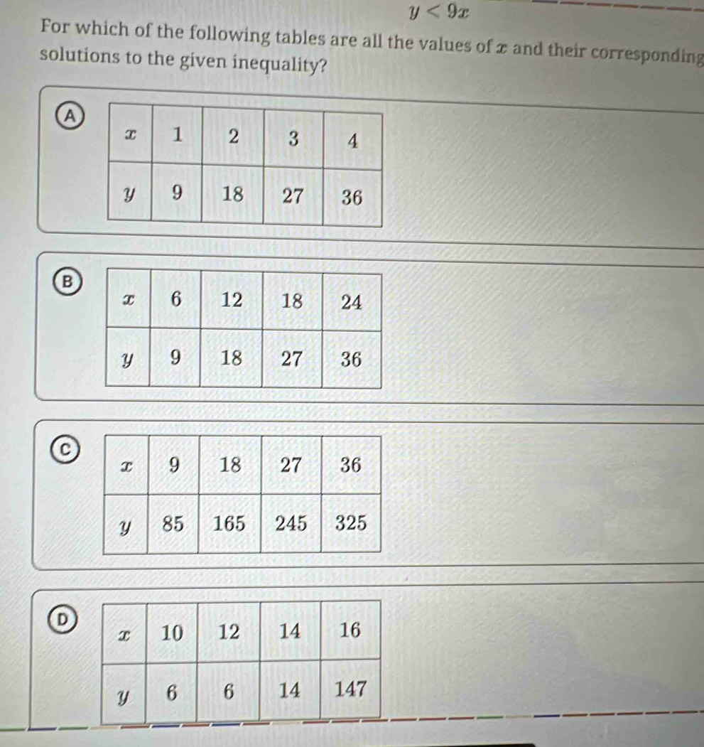 y<9x</tex> 
For which of the following tables are all the values of x and their corresponding
solutions to the given inequality?
A
B
D