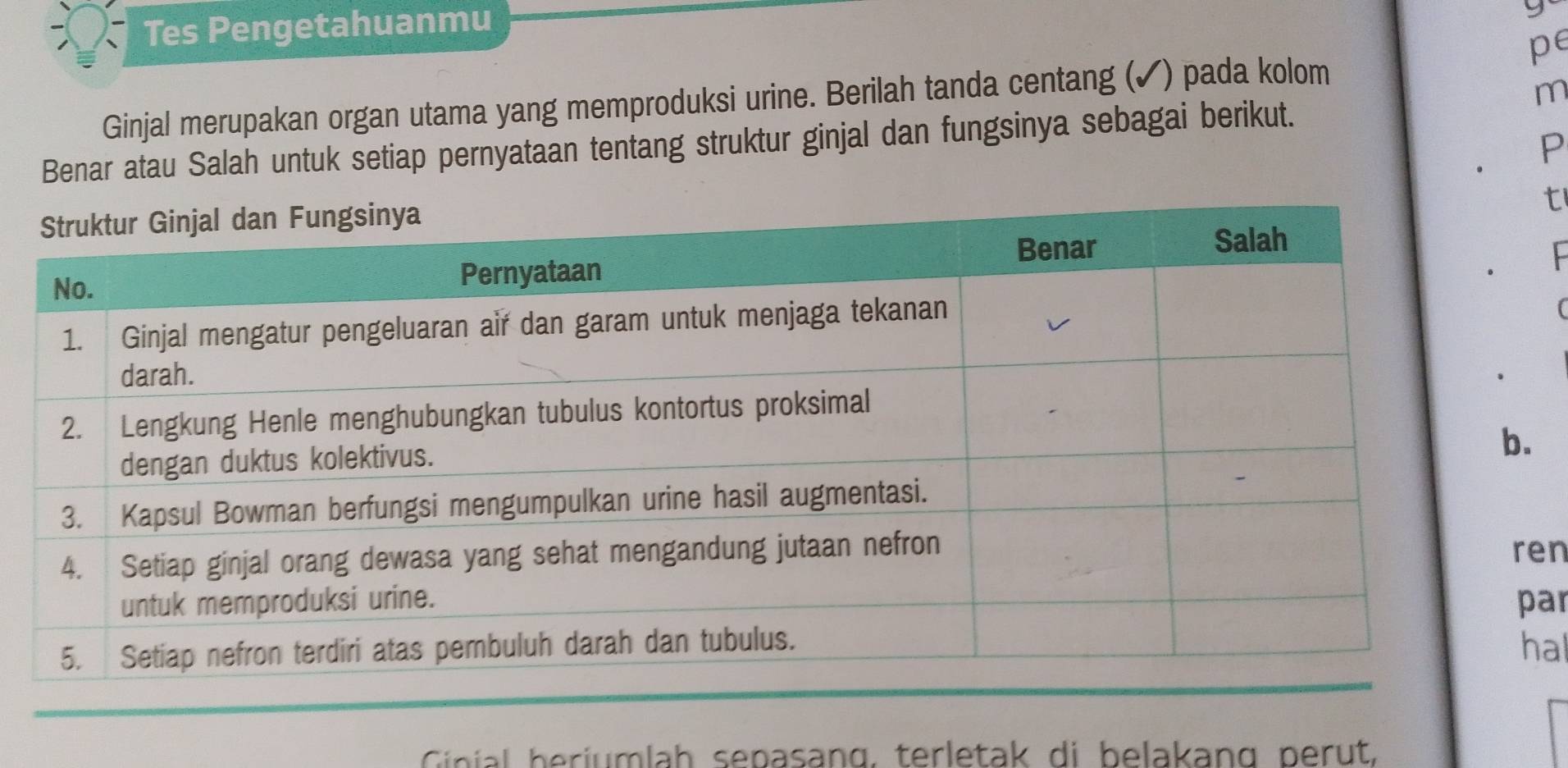 Tes Pengetahuanmu 
I 
pe 
Ginjal merupakan organ utama yang memproduksi urine. Berilah tanda centang (✓) pada kolom 
m 
P 
Benar atau Salah untuk setiap pernyataan tentang struktur ginjal dan fungsinya sebagai berikut. 
t 

( 
n 
ar 
al 
Giníal berjumlah sepasang, terletak di belakang perut,