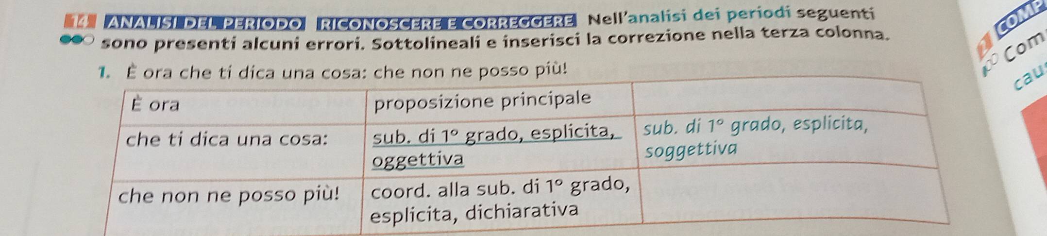 ANALISI DEL PERIODO RICONOSCERE E CORREGGERE Nellanalisi dei periodi seguenti
OM
sono presenti alcuni errori. Sottolineali e inserisci la correzione nella terza colonna.
Com
1. É ora che ti de posso più!
au