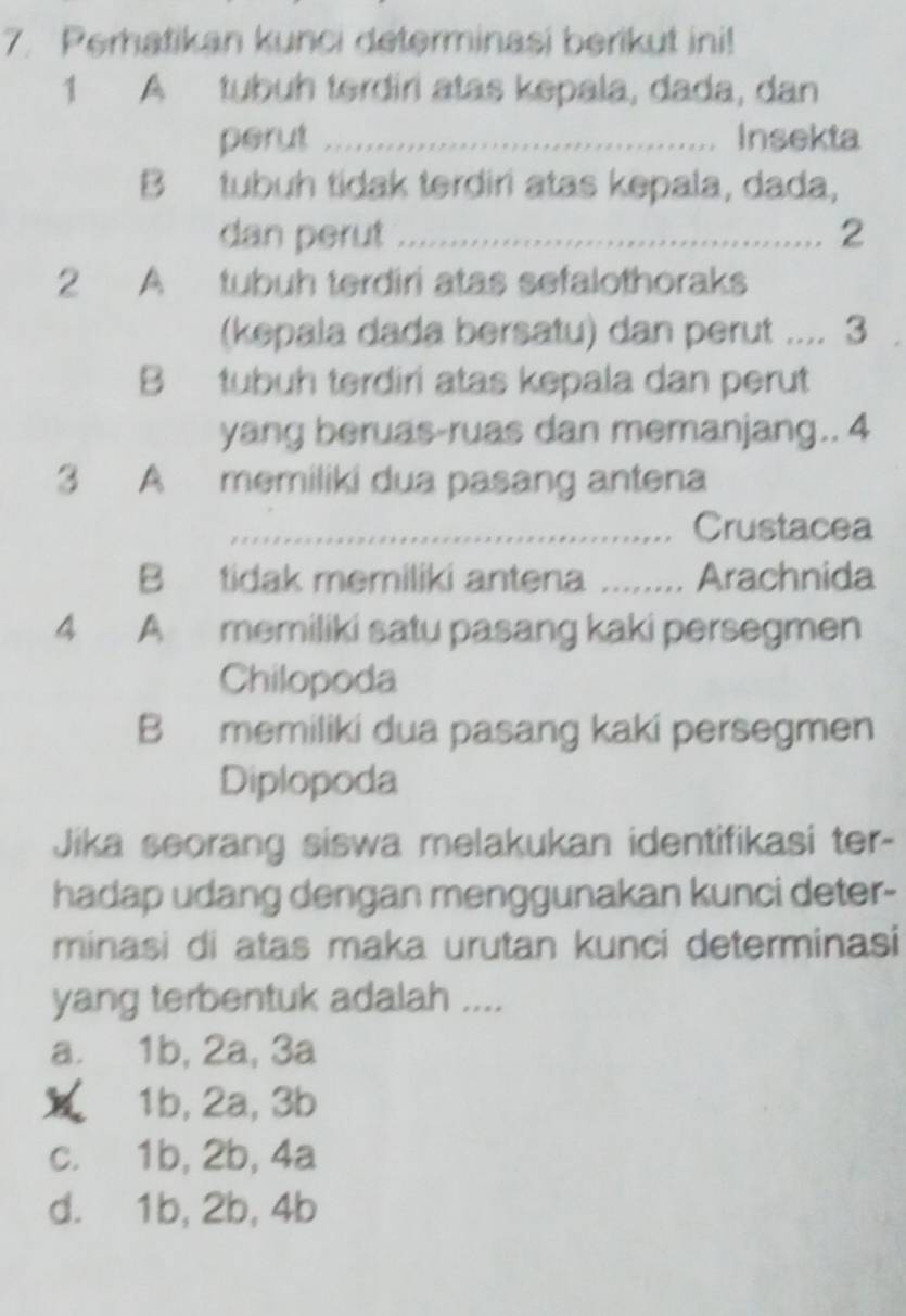 Perhatikan kunci determinasi berikut ini!
1 A tubuh terdiri atas kepala, dada, dan
perut _Insekta
B tubuh tidak terdiri atas kepala, dada,
dan perut _2
2 A tubuh terdiri atas sefalothoraks
(kepala dada bersatu) dan perut .... 3
B tubuh terdiri atas kepala dan perut
yang beruas-ruas dan memanjang.. 4
3 A memiliki dua pasang antena
_Crustacea
B tidak memiliki antena _Arachnida
4 A memiliki satu pasang kaki persegmen
Chilopoda
B memiliki dua pasang kaki persegmen
Diplopoda
Jika seorang siswa melakukan identifikasi ter-
hadap udang dengan menggunakan kunci deter-
minasi di atas maka urutan kunci determinasi
yang terbentuk adalah ....
a. 1b, 2a, 3a
X 1b, 2a, 3b
c. 1b, 2b, 4a
d. 1b, 2b, 4b