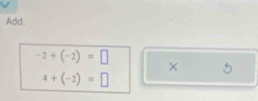 Add.
-2+(-2)=□
× 5
4+(-2)=□