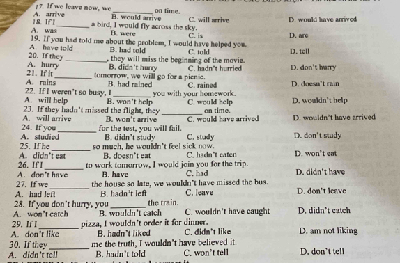 If we leave now, we
A. arrive B. would arrive on time. C. will arrive D. would have arrived
1 8. If 1_ a bird, I would fly across the sky.
A. was B. were
19. If you had told me about the problem, I would have helped you. C. is D. are
A. have told B. had told C. told D. tell
20. If they_ , they will miss the beginning of the movie.
A. hurry B. didn’t hurry
21. If it_ tomorrow, we will go for a picnic. C. hadn’t hurried D. don't hurry
A. rains B. had rained C. rained D. doesn’t rain
22. If I weren’t so busy, I
A. will help B. won’t help you with your homework. C. would help D. wouldn’t help
23. If they hadn’t missed the flight, they _on time.
A. will arrive B. won’t arrive C. would have arrived D. wouldn’t have arrived
24. If you _for the test, you will fail.
A. studied B. didn’t study C. study D. don’t study
_
25. If he so much, he wouldn’t feel sick now.
A. didn’t eat B. doesn’t eat C. hadn’t eaten D. won’t eat
_
26. If I to work tomorrow, I would join you for the trip.
A. don’t have B. have C. had D. didn’t have
27. If we_ the house so late, we wouldn’t have missed the bus.
A. had left B. hadn’t left C. leave D. don’t leave
28. If you don’t hurry, you_ the train.
A. won’t catch B. wouldn’t catch C. wouldn’t have caught D. didn’t catch
29. If I_ pizza, I wouldn’t order it for dinner.
A. don’t like B. hadn’t liked C. didn’t like D. am not liking
30. If they _me the truth, I wouldn’t have believed it.
A. didn’t tell B. hadn’t told C. won’t tell D. don’t tell