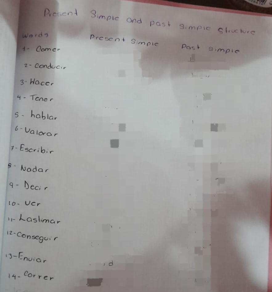 Present Simple and past simplc stucture 
words 
present Simple Post simplc 
1- Comer 
2- conducir 
3- Hacer 
4 - Tener 
s. hablar 
6- Valorar 
1- Escribir 
B- Nadar 
9- Decir 
10-Ucr 
11- Laslimar 
12-Conseguir 
13- Enviar 
d 
14- 
corver