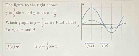 The figure to the right shows
y= 1/3 sin x and y=sin x+ 1/3 .
Which graph is y= 1/3 sin x ? Find value
for a,b,c, and d.
f(x) , is y= 1/3 sin x.