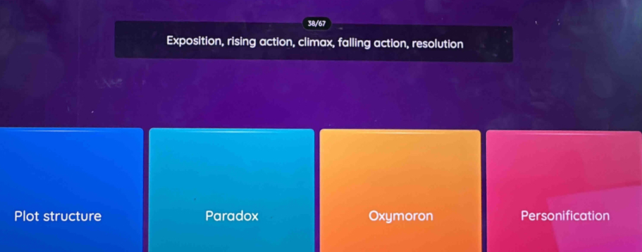 38/67
Exposition, rising action, climax, falling action, resolution
Plot structure Paradox Oxymoron Personification