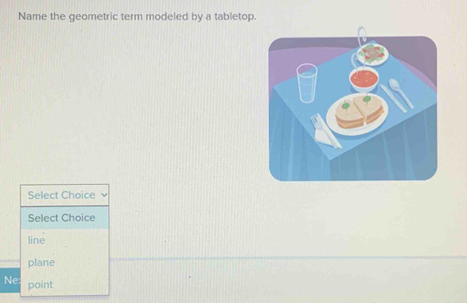 Name the geometric term modeled by a tabletop.
Select Choice
Select Choice
line
plane
Ne point