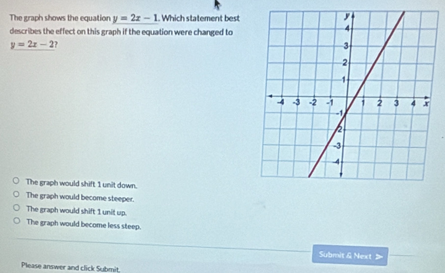 The graph shows the equation y=2x-1. Which statement best
describes the effect on this graph if the equation were changed to
y=2x-2
The graph would shift 1 unit down.
The graph would become steeper.
The graph would shift 1 unit up.
The graph would become less steep.
Submit & Next >
Please answer and click Submit