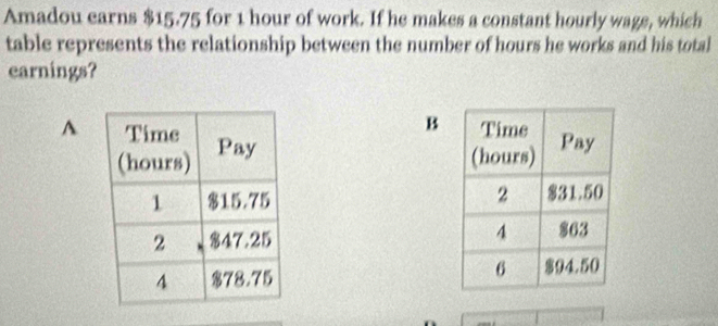 Amadou earns $15.75 for 1 hour of work. If he makes a constant hourly wage, which 
table represents the relationship between the number of hours he works and his total 
earnings? 
A 
B