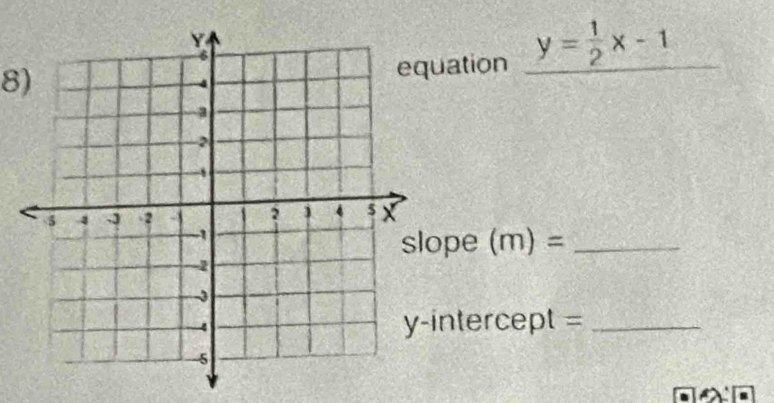 uation y= 1/2 x-1
pe (m)= _ 
intercept =_