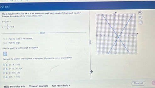 Think Albout the Process. What is the first step to graph each equation? Graph each equation
Estimate the sollution of the system of inquations.
y= 3/2 x-5
y=- 3/2 x-0.5
C. Plot the point of intensection. 
□. Plot the slope.
Use the graphing tool to graph the system,
Essimate the solution of the system of equations. Choose the comect answer below
A (-15,2.75)
(-15,-2.75)
C. (-2.75,1.5)
D (15,-2.77)
Help me solve this View an example Get more help Clear all