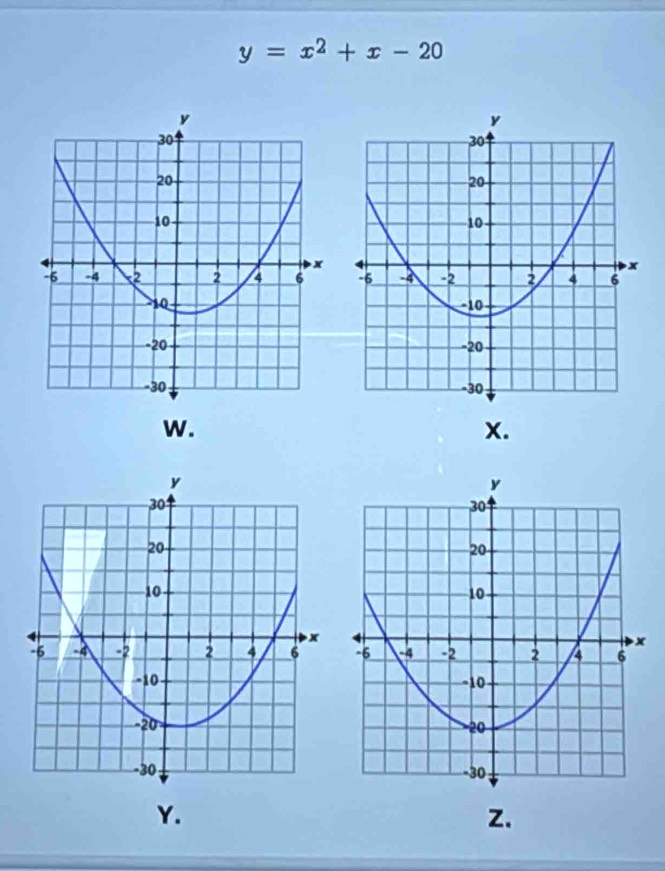 y=x^2+x-20

W.
x.
Y.
z.