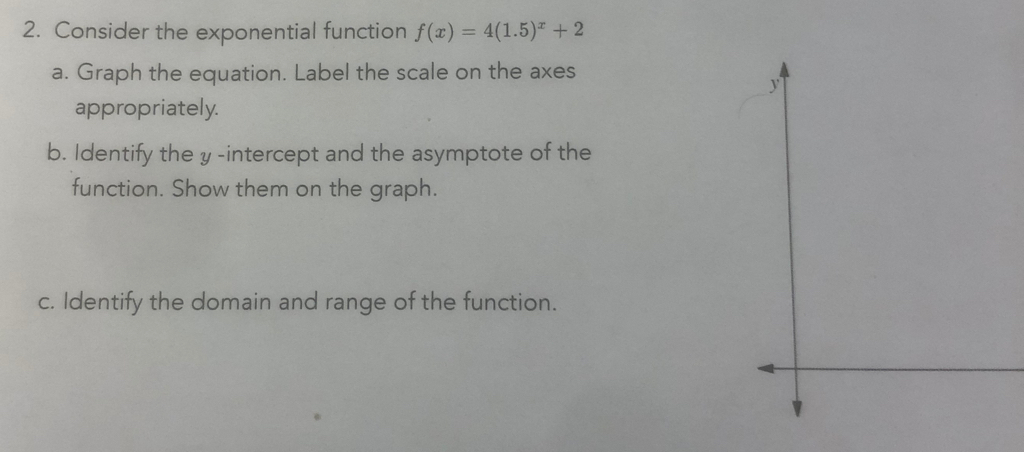 Consider the exponential function f(x)=4(1.5)^x+2
a. Graph the equation. Label the scale on the axes 
appropriately. 
b. Identify the y -intercept and the asymptote of the 
function. Show them on the graph. 
c. Identify the domain and range of the function.