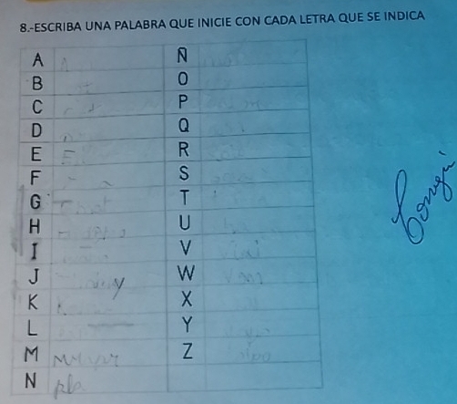 CRIBA UNA PALABRA QUE INICIE CON CADA LETRA QUE SE INDICA