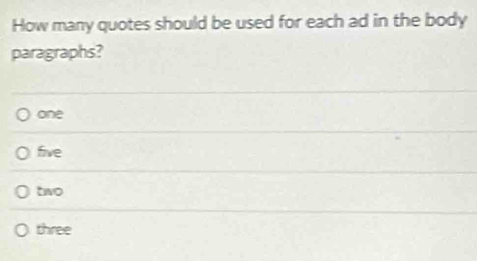 How many quotes should be used for each ad in the body
paragraphs?
one
five
two
three