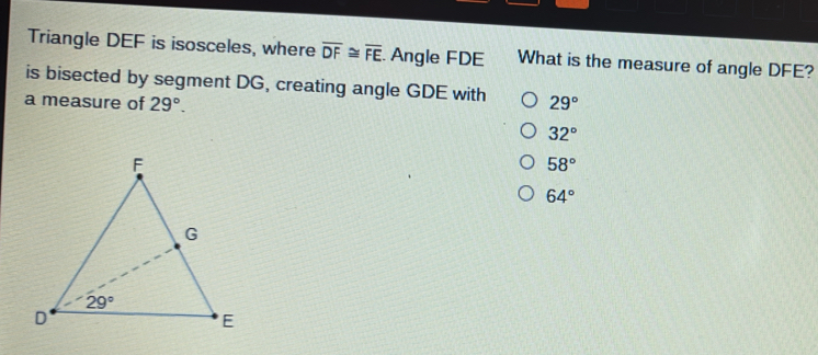 Solved: Triangle DEF is isosceles, where overline DF≌ overline FE Angle ...
