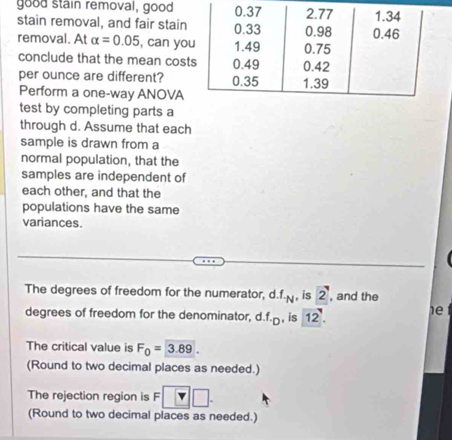 good stain removal, good 
stain removal, and fair stain 
removal. At alpha =0.05 , can yo 
conclude that the mean cost 
per ounce are different? 
Perform a one-way ANOVA 
test by completing parts a 
through d. Assume that each 
sample is drawn from a 
normal population, that the 
samples are independent of 
each other, and that the 
populations have the same 
variances. 
The degrees of freedom for the numerator, d. f_-N , is 2 , and the 
degrees of freedom for the denominator, d..f._D , is overline 12. 
he 
The critical value is F_0=3.89. 
(Round to two decimal places as needed.) 
The rejection region is F □. 
(Round to two decimal places as needed.)