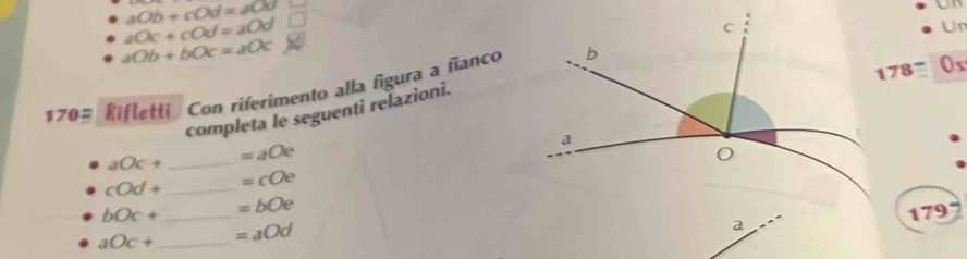 aOb+cOd=a00
on
aOc+cOd=aOd
Un
aOb+bOc=aOc
170= Rifletti Con riferimento alla figura a fianco
178 Os 
completa le seguenti relazioni.
aOc+ _  =aOe
cOd+ _  =cCe
bOc+ _  =bOe
179°
aOc+ _ =aOd